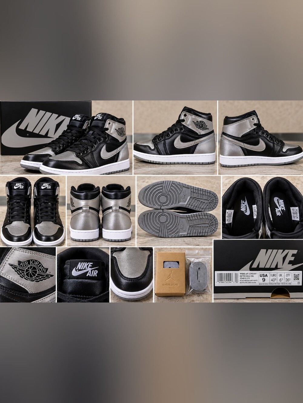 Nike Air Jordan 1 Retro High OG Satin Shadow Womens Size 9 Black Grey FD4810-010